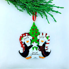 Penguin Couple with Christmas Tree Personalized Christmas Ornament
