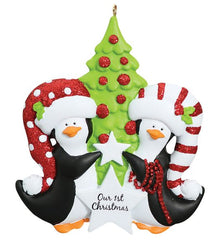 Penguin Couple with Christmas Tree Personalized Christmas Ornament