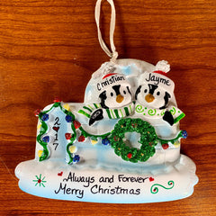 Penguin Family in Igloo Personalized Christmas Ornament